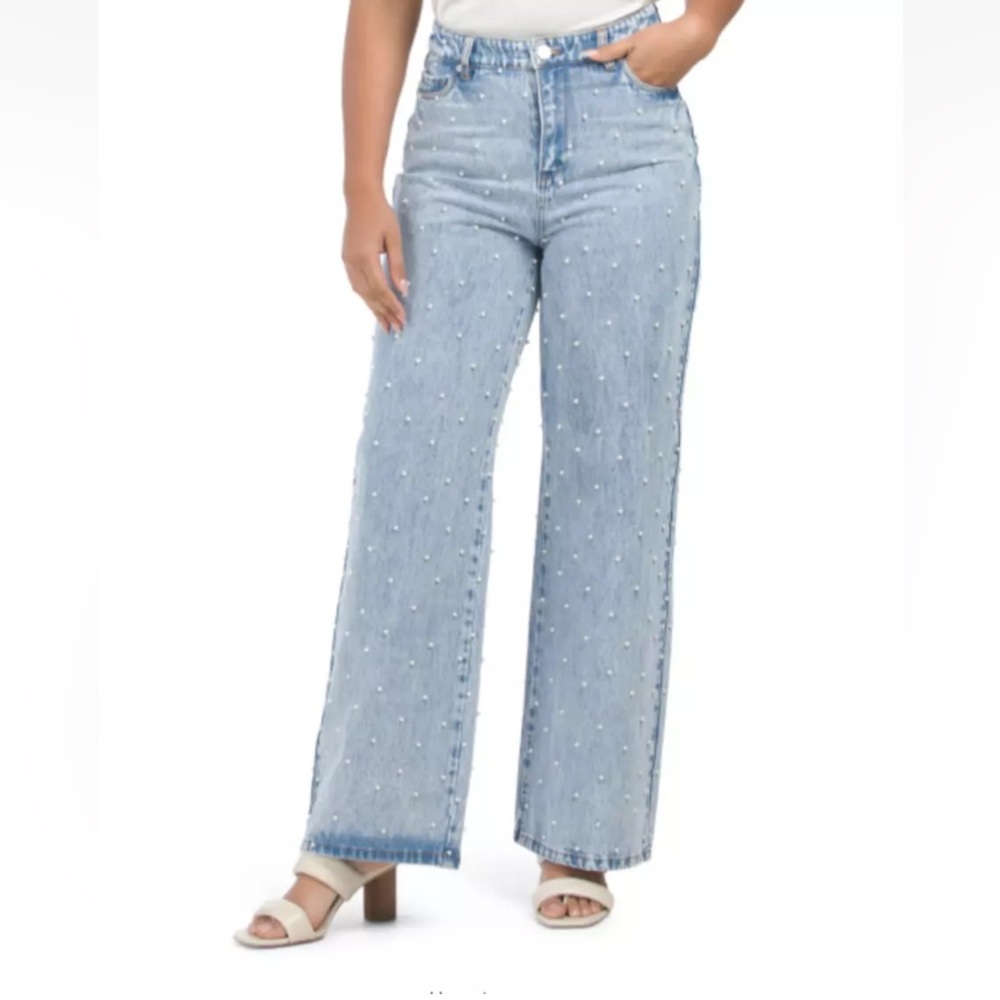 BlankNYC The Franklin Pearl Embellished Wide Leg Baggy High Rise Jeans 28